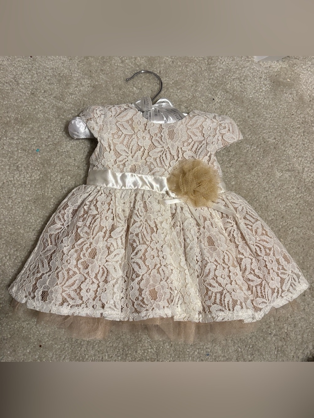 Ivory Lace Party Dress with Satin Waist and Tulle Flower with diaper cover/shoes